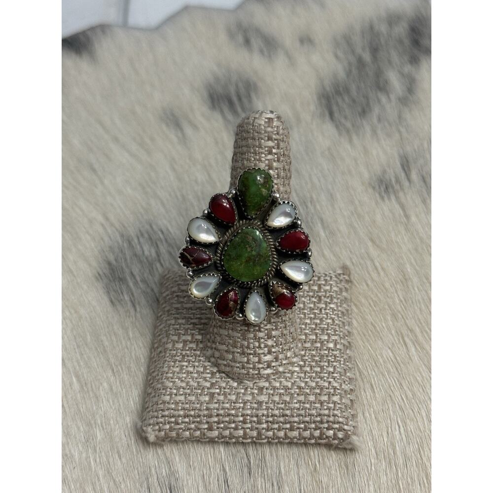 Sterling Silver Sonoran Gold Turquoise Red Dahlia MOP Huge Cluster Ring Adjust - Picture 4 of 14